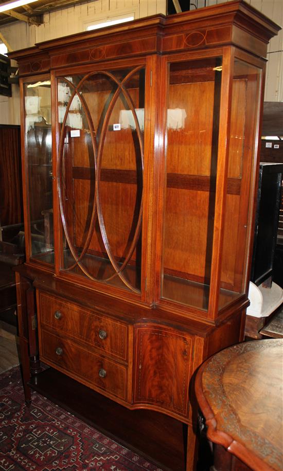 Edwardian mahogany & chequer inlaid breakfront display cabinet